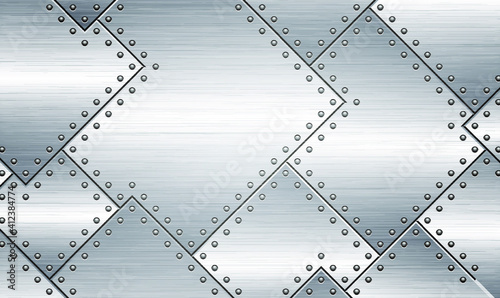 Background of polished metal plates with rivets. Metal plate with ornament. Metal background, silver polished metallic texture. Glossy metal plate background with screw and rivets.Vector EPS10