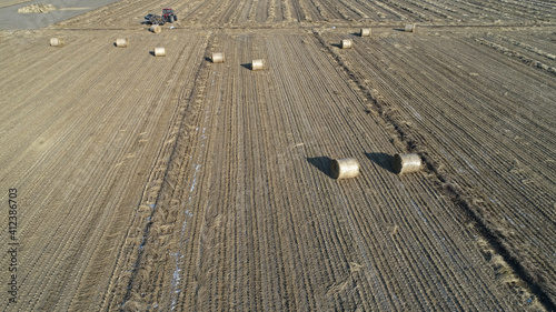 Farmers use agricultural machinery to compress rice straw and bundle them on a farm in North China