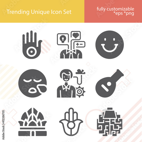 Simple set of beliefs related filled icons.