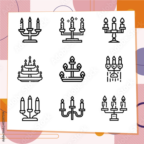 Simple set of 9 icons related to candelabra