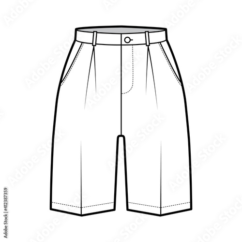 Short Bermuda dress pants technical fashion illustration with above-the-knee length, single pleat, normal waist, high rise. Flat walking bottom front, white color style. Women, men CAD mockup