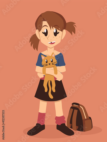 Cartoon girl carrying her cat
