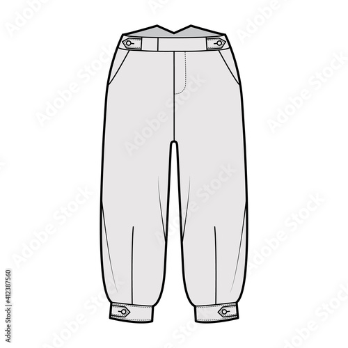Short plus fours pants technical fashion illustration with tab, knee length, normal waist, rise, slashed pocket. Flat breeches bottom template front, grey color style. Women, men CAD mockup