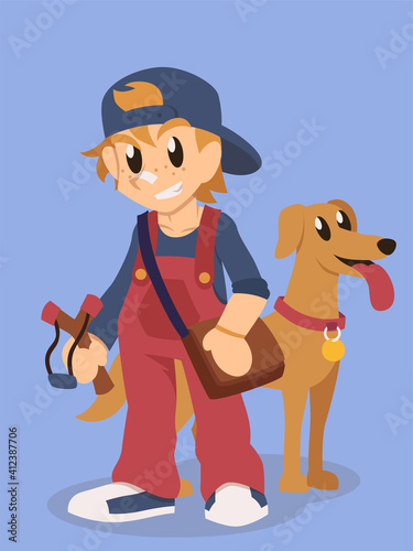 Cartoon Young boy and his dog
