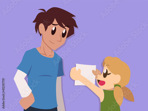 Little girl showing a paper sheet to an adult man