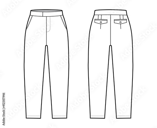 Short capri pants technical fashion illustration with mid-calf length, normal waist, high rise, slashed, flap pocket. Flat breeches bottom template front, back, white color style. Women men CAD mockup