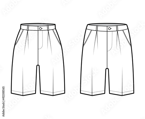 Set of Shorts Bermuda dress pants technical fashion illustration with above-the-knee length, single pleat, low waist, rise, slashed pocket. Flat walking bottom front white color. Women, men CAD mockup