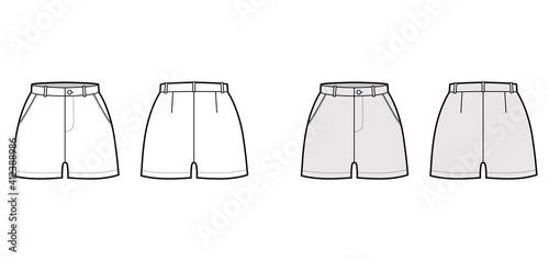 Short pants technical fashion illustration with mid-thigh length, normal waist, high rise, slashed pocket. Flat bottom apparel template front, back, white grey color style. Women men unisex CAD mockup