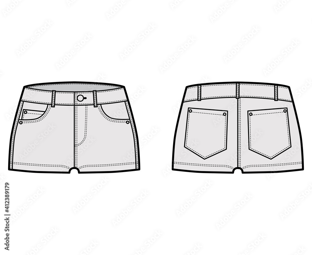Denim hot short technical fashion illustration with micro length, curved, coin, angled 5 pockets, low rise waist. Flat bottom apparel template front, back grey color style. Women men unisex CAD mockup