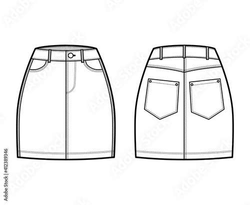 Denim skirt technical fashion illustration with mini length, normal waist, high rise, curved and angled pockets. Flat bottom template front, back, white color style. Women, men, unisex CAD mockup