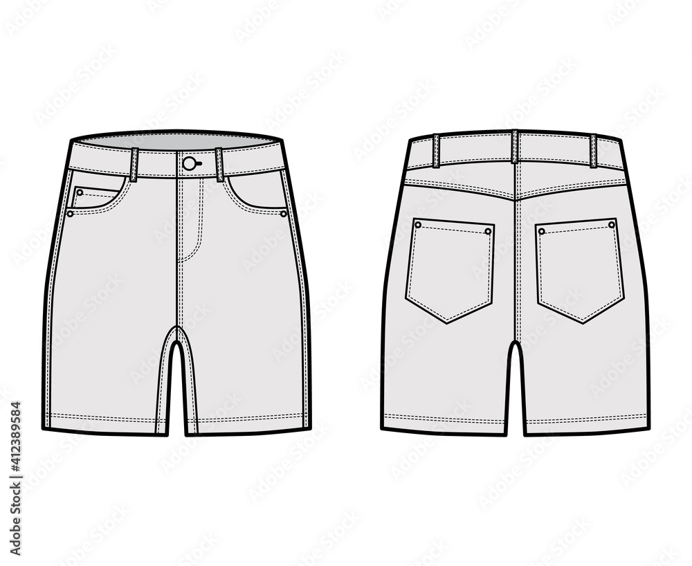 Denim short pants technical fashion illustration with mid-thigh length, low waist, rise, curved, coin, angled 5 pockets. Flat bottom template front, back grey color style. Women, men unisex CAD mockup Denim short pants technical fashion illustration with mid-thigh length, low waist, rise, curved, coin, angled 5 pockets. Flat bottom template front, back grey color style. Women, men unisex CAD mockup