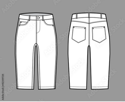 Denim short pants technical fashion illustration with knee length, low waist, rise, curved, coin, angled 5 pockets. Flat breeches bottom template front, back, white color style. Women, men CAD mockup