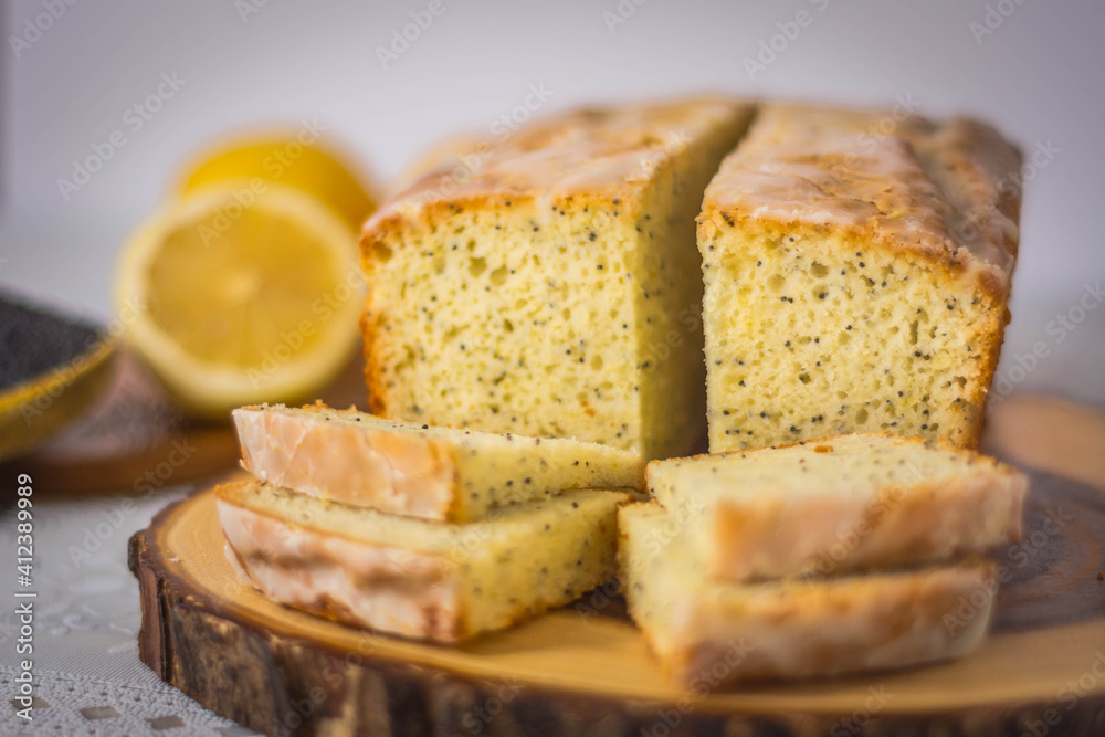 Freshly home baked Lemon Poppy Seed Loaf Cake Slices for all kinds of special occasions and celebrations  for pastry lovers 