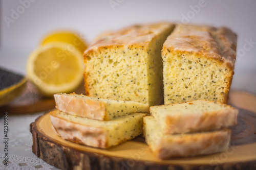 Freshly home baked Lemon Poppy Seed Loaf Cake Slices for all kinds of special occasions and celebrations  for pastry lovers 