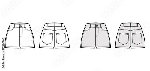 Denim hot short pants technical fashion illustration with micro length, normal waist, high rise, coin, angled 5 pockets. Flat bottom template front, back, white grey color style. Women, men CAD mockup