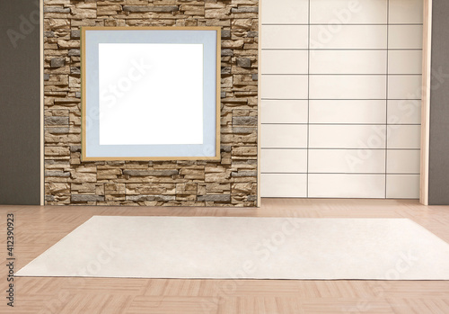 empty living room interior decoration wooden floor  stone wall concept. decorative background for home  office and hotel