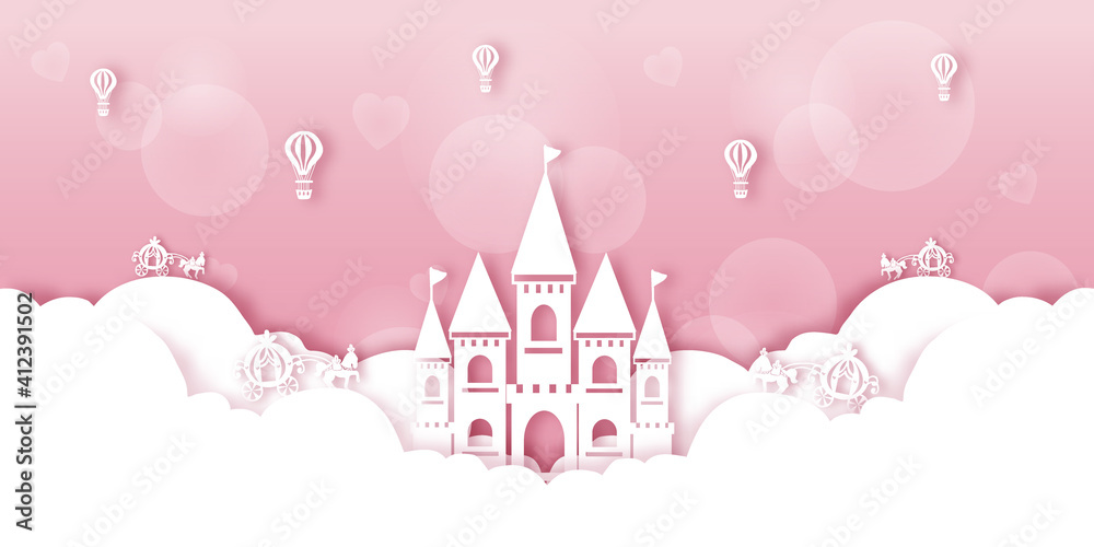Cute Fairy tale Pastel Balloons Clouds Unicorn Pumpkin Horse Castle Carriage Vectors illustration