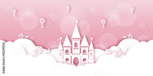 Cute Fairy tale Pastel Balloons Clouds Unicorn Pumpkin Horse Castle Carriage Vectors illustration