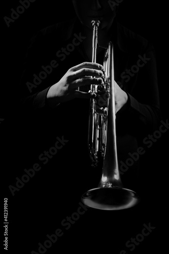 Wall Mural Trumpet player hands playing jazz music instrument