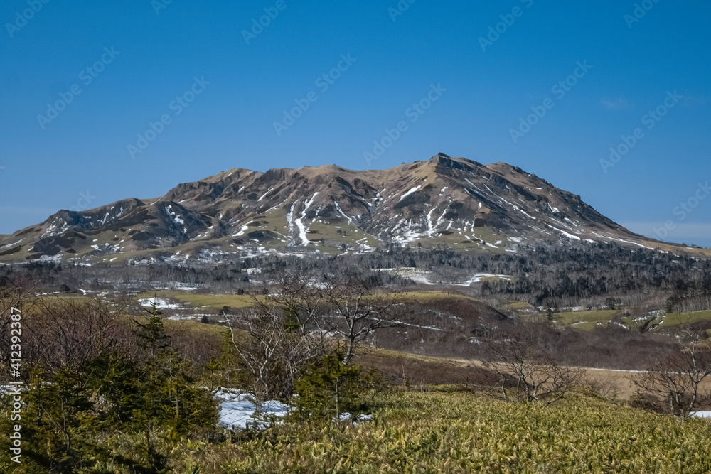 mount Notoro on the island of Shikotan, mountain in winter, one of the extinct volcanoes of shikotan.
