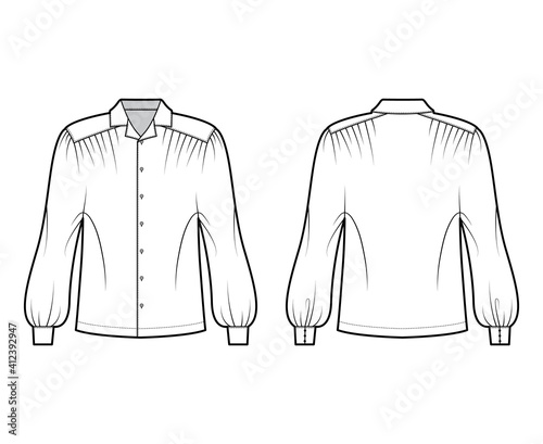 Gaucho blouse technical fashion illustration with dolman puff long sleeves, open collar, oversized, button up. Flat apparel top template front, back, white color. Women, men unisex CAD mockup