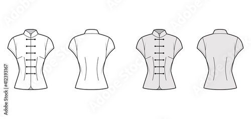 Mandarin blouse technical fashion illustration with cap sleeves, stand neck, fitted body, Frog closure. Flat Chinese oriental apparel top template front, back, white, grey color. Women, men CAD mockup