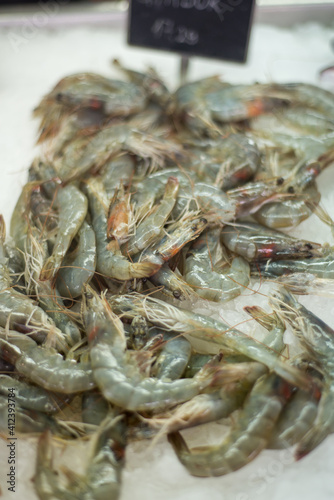Fresh raw shrimps on ice,on displayed at Kotor farmer's market,Kotor,Montenegro.