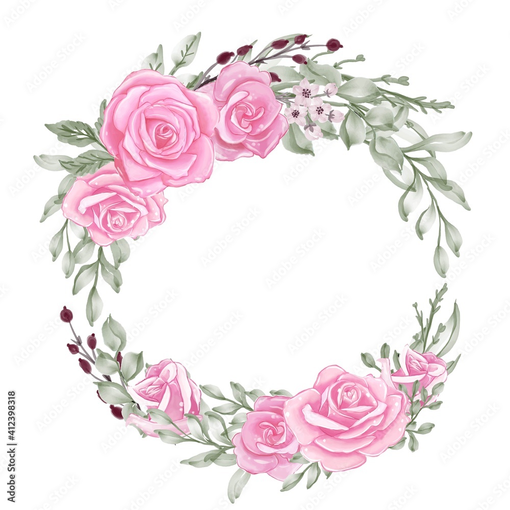 rose pink pastel with green leaf watercolor wreath