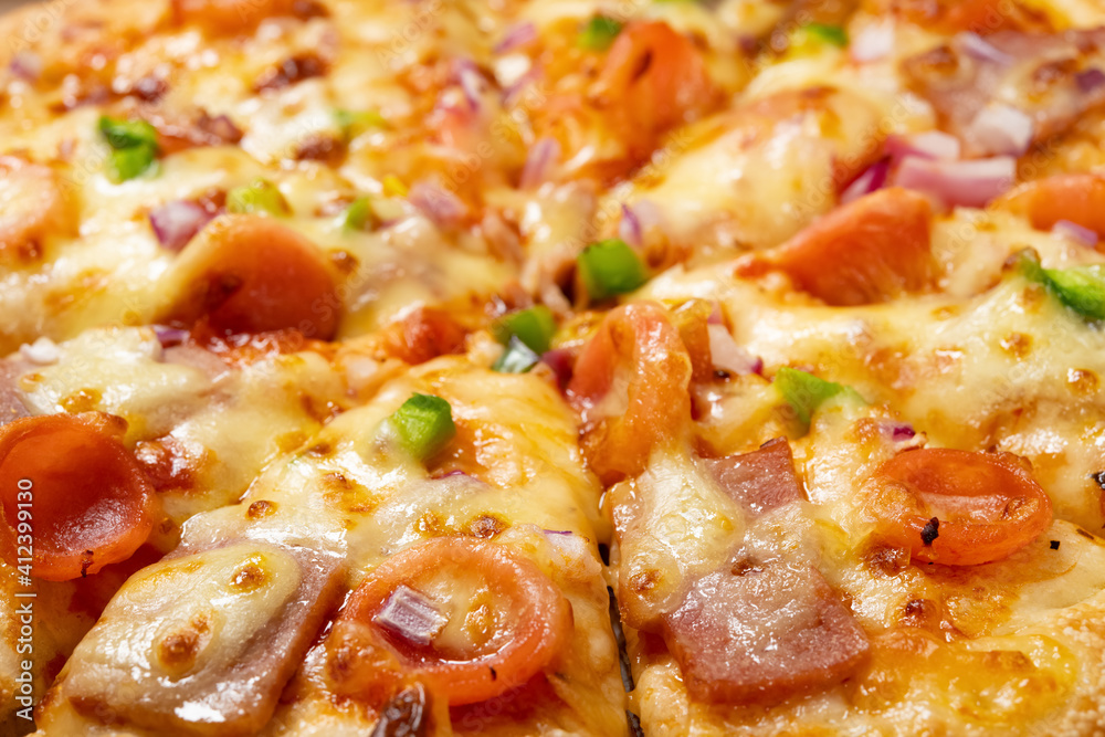 side view fresh pizza with bacon toppings selective focus side view fresh pizza with bacon toppings selective focus