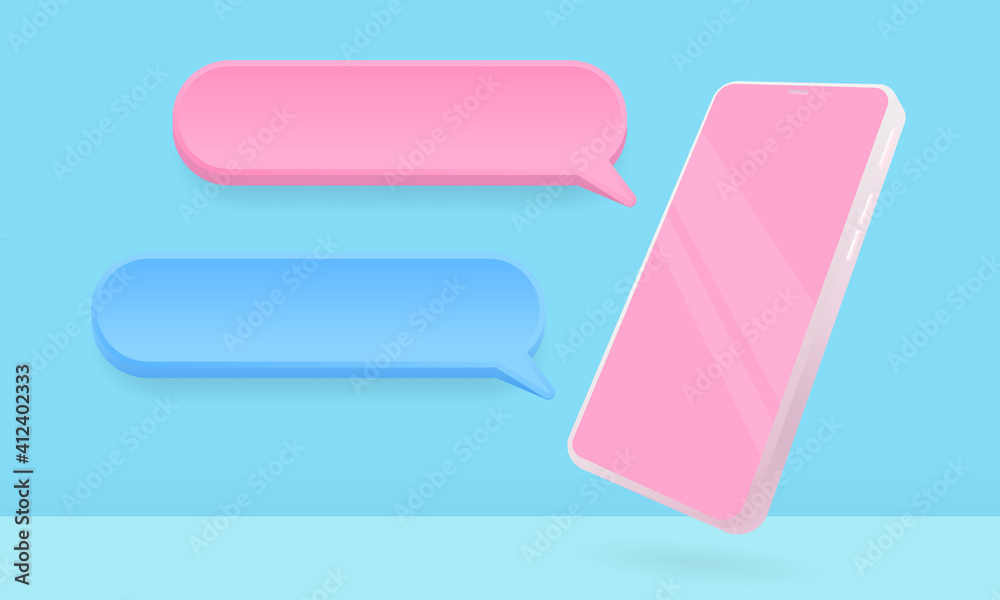 3D smartphone with floating chat bubbles, social media chat app