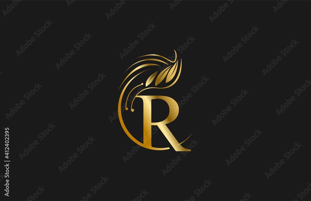 Golden Letter R Typography FLourishes Rounded Logogram Beauty Logo - obrazy, fototapety, plakaty 
