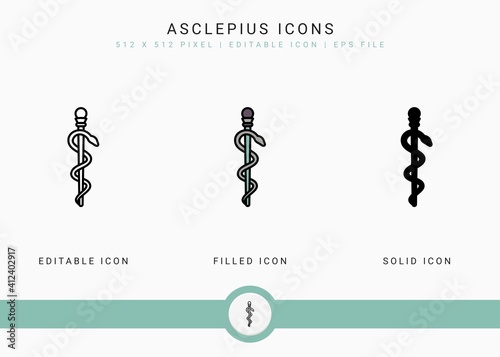 Asclepius icons set vector illustration with solid icon line style. Rod caduceus concept. Editable stroke icon on isolated background for web design, user interface, and mobile application