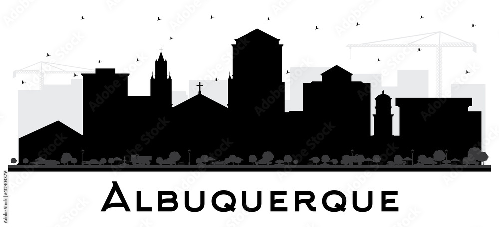 Albuquerque New Mexico City Skyline Silhouette with Black Buildings Isolated on White.