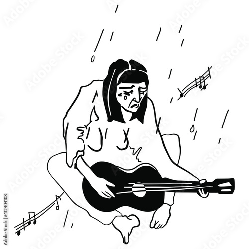 Sad lonely woman playing guitar under rain. Hand drawn black and white sketch. Blues song.