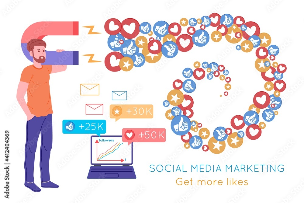 Smm, social media marketing, digital promotion on the internet, social network. Smm agency banner. Man attracts hearts and likes with a magnet. Cartoon vector illustration for advertising services. Smm, social media marketing, digital promotion on the internet, social network. Smm agency banner. Man attracts hearts and likes with a magnet. Cartoon vector illustration for advertising services.