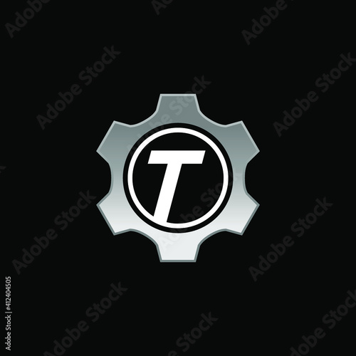 Initial Letter T with Gear Logo Design Vector