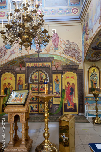 Okovetsky holy spring. The temple. The decoration of the temple. Okovtsy, Selizharovsky district, Tver region, Russia. 