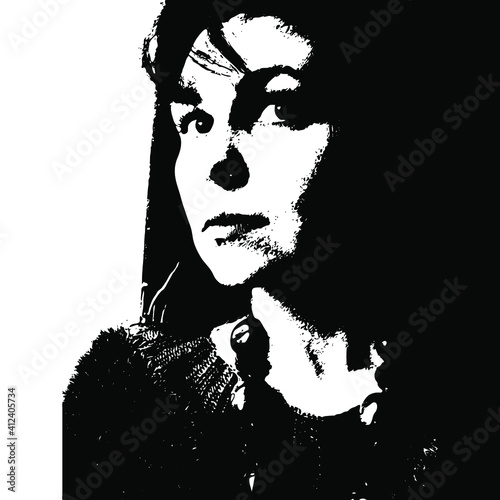 Closeup portrait of a beautiful young woman. Black and white high contrast silhouette.