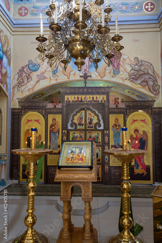 Okovetsky holy spring. The temple. The decoration of the temple. Okovtsy, Selizharovsky district, Tver region, Russia. 
