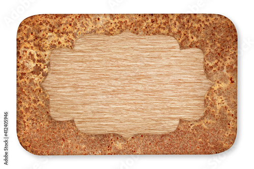 Old rust surface grunge metal plate frame with wood isolatedv on white with clipping path