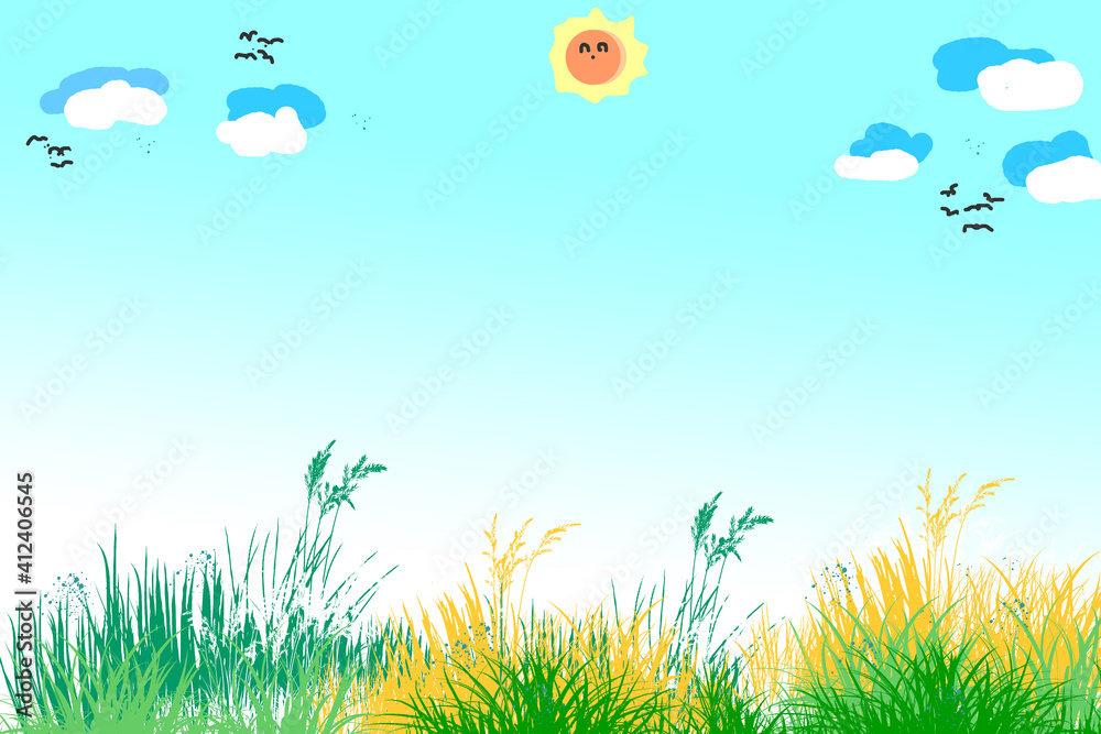 Cartoon nature landscape with sunrise with birds in the sky and grass vector Cartoon nature landscape with sunrise with birds in the sky and grass vector