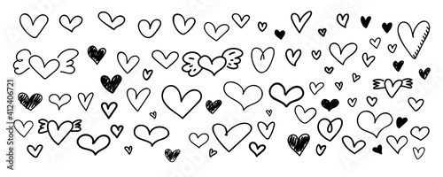 Doodle heart vector. Big set of hand drawn hearts shape isolated on white background
