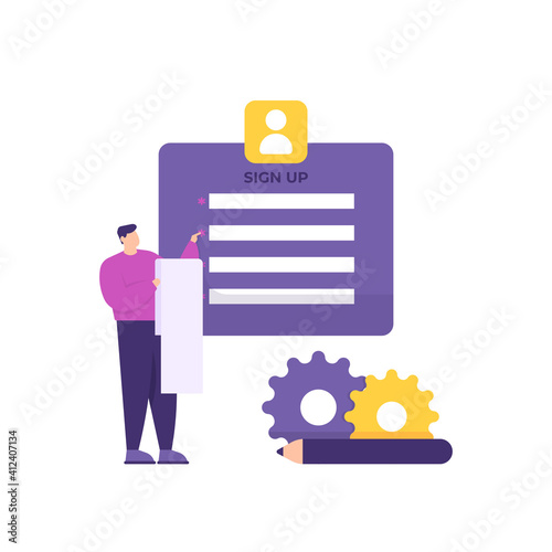 a concept of registration, listing, joining. illustration of a man writing his identity on a website sign up page. enter personal biodata. flat style. vector design element