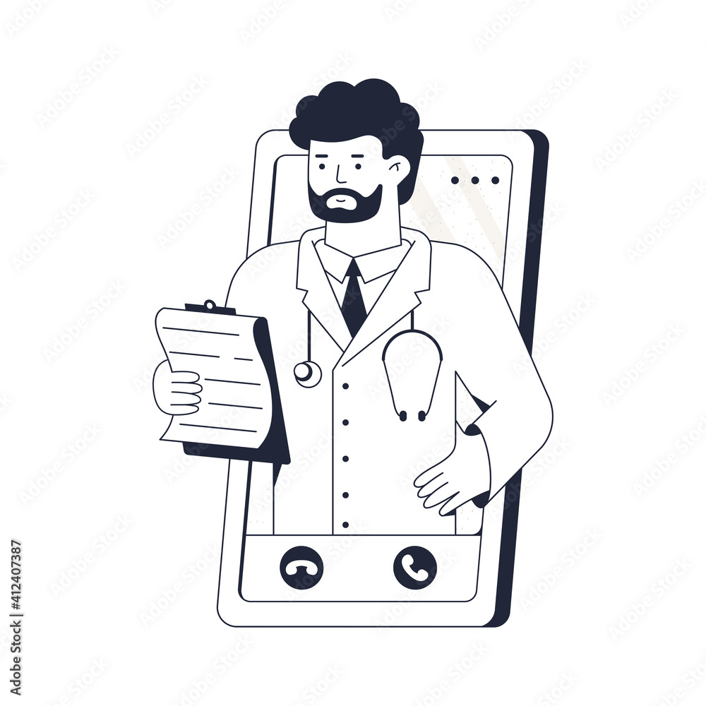 Doctor consults patient by via video link. Telephone consultation. Online clinic concept web banner. Line black and white vector illustration isolated on white background