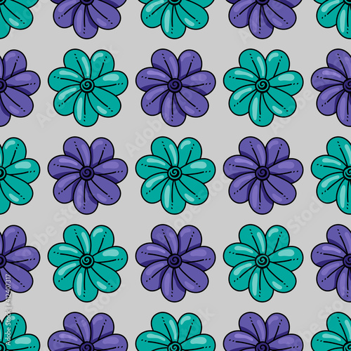 Purple and blue flower pattern drawn in doodle style, cartoon sketch. Vector illustration for printing on paper, books, fabric, clothes, textile.