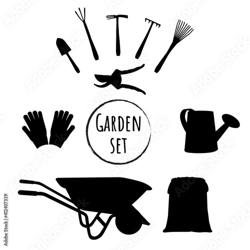 A set of garden tools for working in the garden. Rake, shovel, gloves, watering can, bag, fertilizer, secateurs, wheelbarrow. Vector silhouette