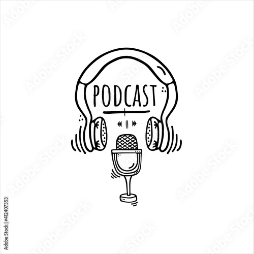 Microphone headphones podcast doodle. Online concept. Modern scetch vector illustration for blogger. Digital background. Lettering vector.