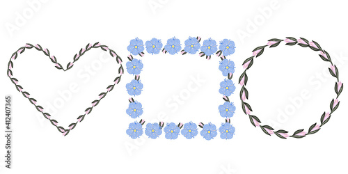Floral invitation. Greeting card template of  forget me nots and buds: heart shape, circle, square shape Design artwork for the poster, wedding invitation, calendars. Place for text.