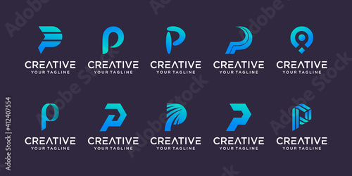 Set of abstract initial letter P logo template. icons for business of fashion, automotive, financial
