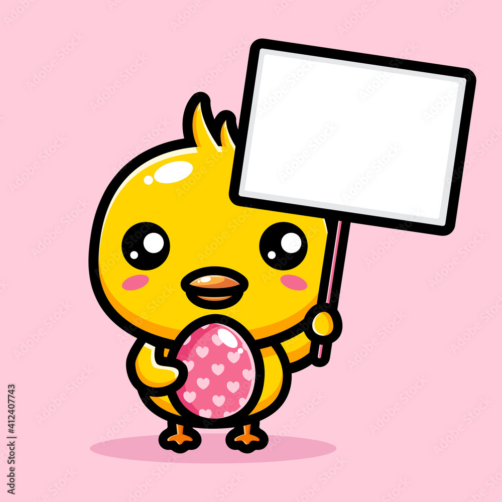 Obraz premium vector design of cute cartoon chicken holding white board and egg on happy easter day